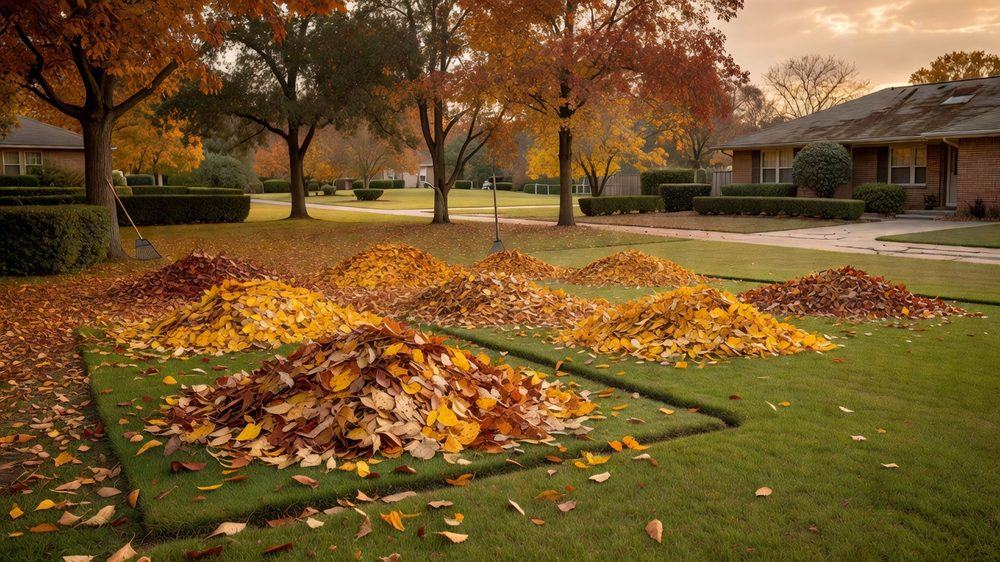 Raked piles of autumn leaves beside a clean-edged lawn