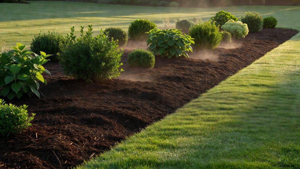 Freshly mulched flower bed with a crisp edge cut against green lawn